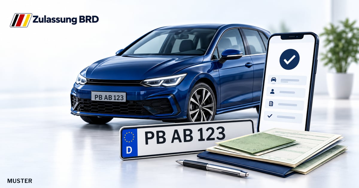 Online Fahrzeugzulassung in Borchen: Musterkennzeichen PB AB 123, Auto und Fahrzeugpapiere und Smartphone. Illustration mit Logo von Zulassung BRD.